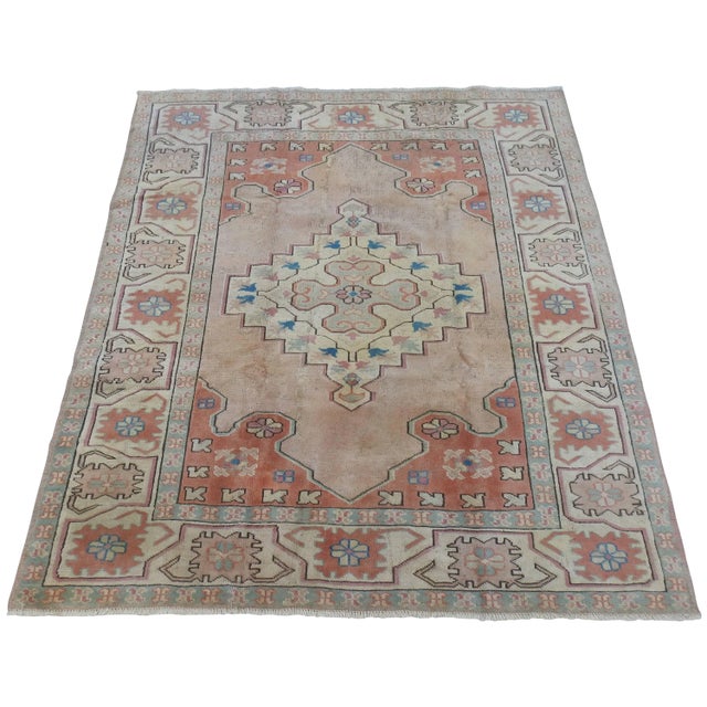 Midcentury Oushak Rug in Neutrals, Flesh Tones, Blues For Sale