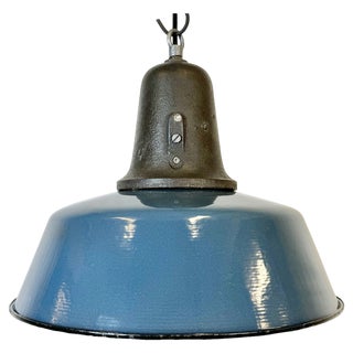 Industrial Blue Enamel Factory Lamp with Cast Iron Top, 1960s For Sale