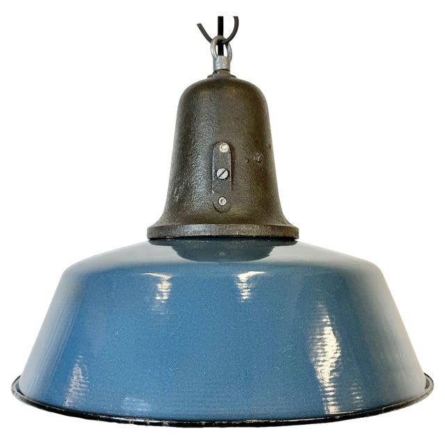 Industrial Blue Enamel Factory Lamp with Cast Iron Top, 1960s For Sale