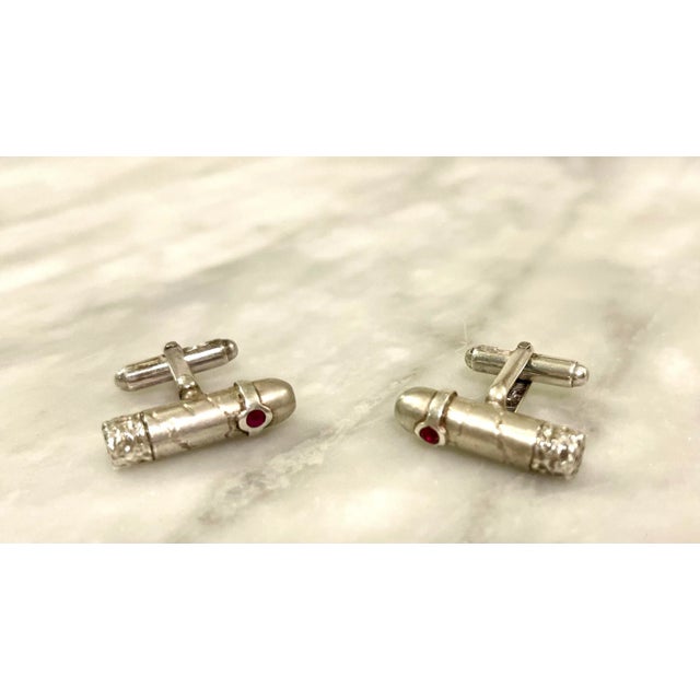 Silver 1940s Sterling Silver Bullet Cuff Links With Faceted Ruby Detail - 2 Pieces For Sale - Image 8 of 9