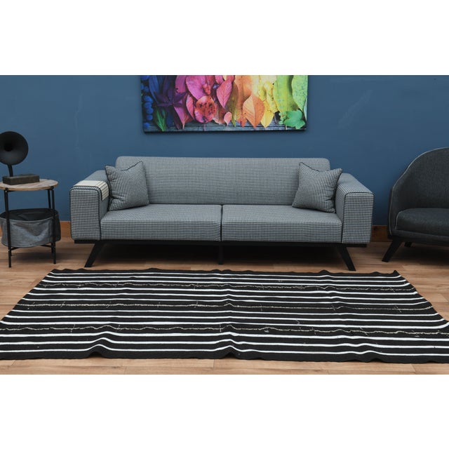Striped Kilim Black White Vintage Handmade Area Rug For Sale - Image 10 of 11