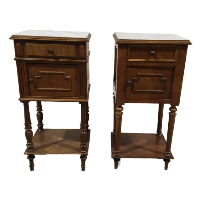 Pair of 19th Century French Louis XVI Marble-Top Chevet Bedside Cabinets, Circa 1880 For Sale