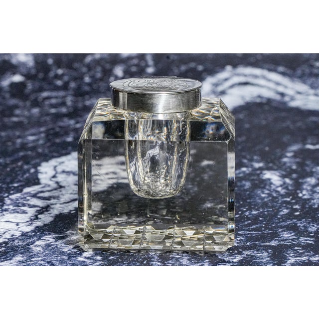 Elegant Large Antique Paperweight Crystal Sterling Silver English Desk Inkwell For Sale - Image 12 of 15