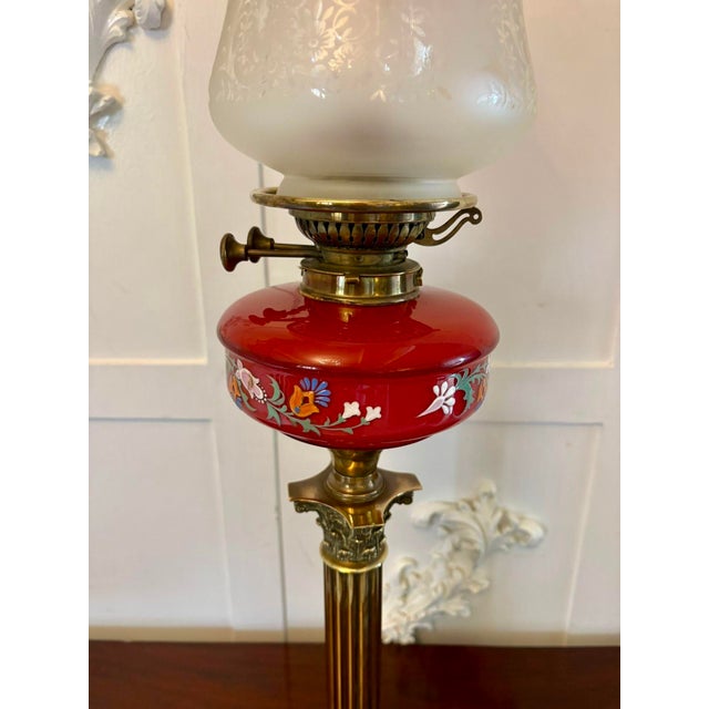 Antique Victorian Brass Oil Lamp with Cranberry Glass Font and Corinthian Column, 1860 For Sale - Image 3 of 8