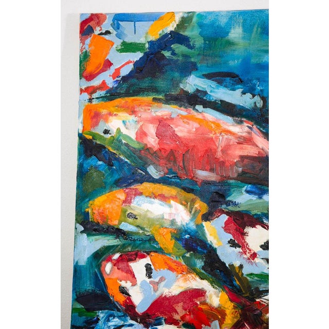 Mid 20th Century Oil Painting Koi Fish Textured Signed Romero Abstract Large 6'x7' For Sale - Image 9 of 12