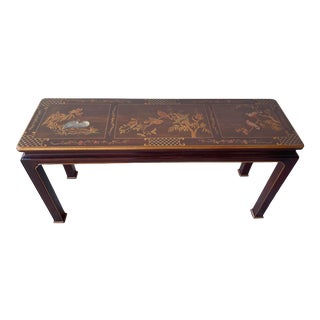 1980s Henredon Mahogany Finished Chinoiserie Console Table With Painted Birds and Natural Scenery For Sale
