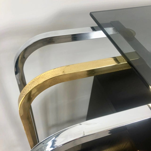 Metal Console Table in Wood, Brass, Chrome and Smoked Glass, Italy, 1970s For Sale - Image 7 of 12