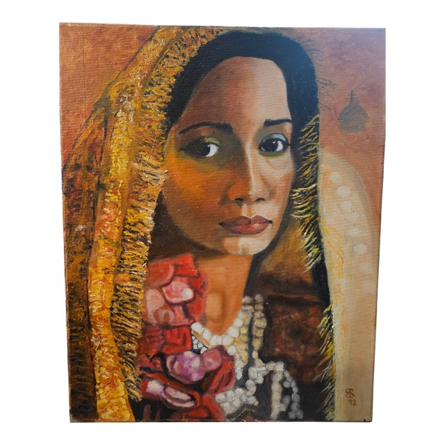 Vintage 1972 East Asian/Indian Woman's Portrait, Signed For Sale