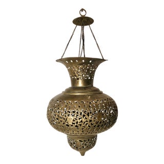 Vintage Moroccan / Persian Pierced Brass Teardrop Large Lantern Pendant For Sale