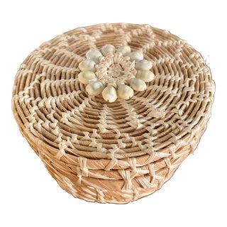 Mid 20th Century Vintage Lidded Sweetgrass Basket Adorned With Shells For Sale