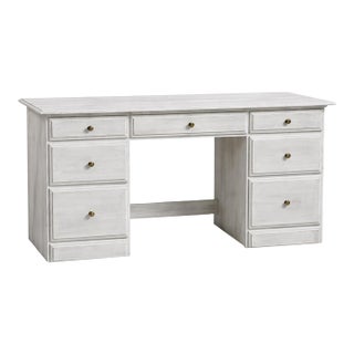 Vintage Solid Pine Scandinavian Style Limewash Double-Pedestal Writing Desk For Sale