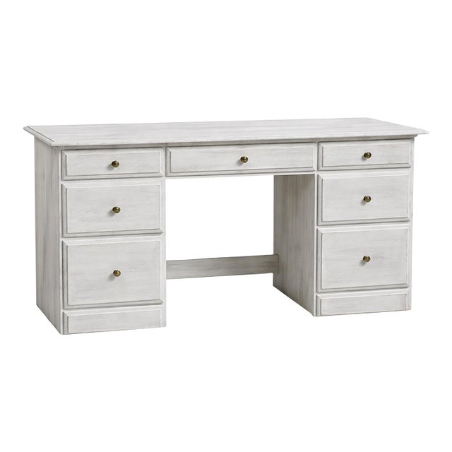 Vintage Solid Pine Scandinavian Style Limewash Double-Pedestal Writing Desk For Sale