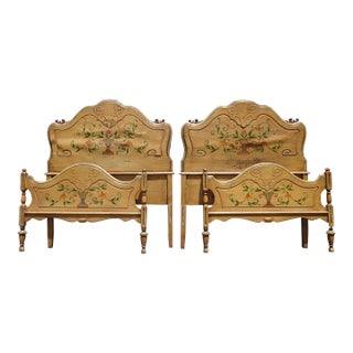 Pair Vintage French Provincial Hand Painted Gold Floral Twin Headboards W Rails For Sale