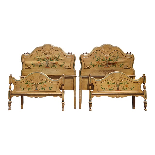 Pair Vintage French Provincial Hand Painted Gold Floral Twin Headboards W Rails For Sale