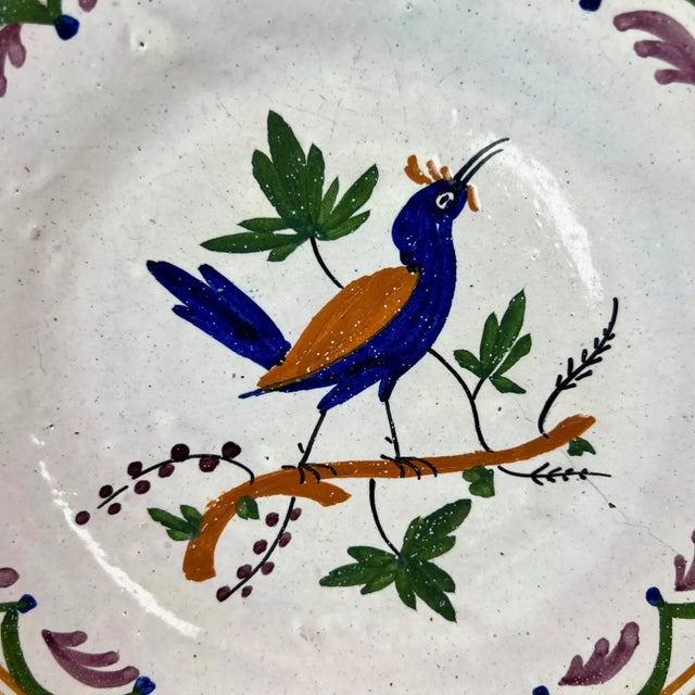 Purple Antique French Provincial Faience Bird Plate, Hand Painted For Sale - Image 8 of 11