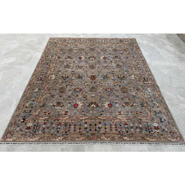Chobi Area Rug, Hand-Knotted Wool, Allover Floral, 9x12, Silver & Camel For Sale - Image 4 of 11