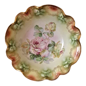 Early 20th Century Antique Germany Serving Vegetable Bowl Hand-Painted Cabbage Rose Gold Trim Scalloped Footed