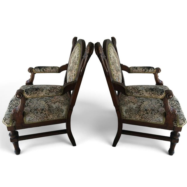 Wood Rare Pair of Antique Medallion Back Parlor Armchairs – Ornate Carved Wood & Floral Tapestry For Sale - Image 7 of 12