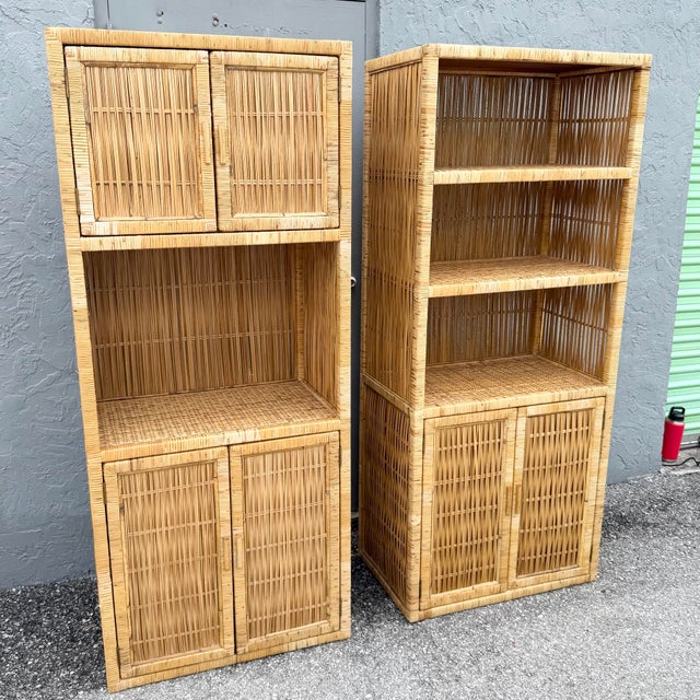 This pair of boho chic blonde wicker cabinets combines warm natural texture with versatile storage and display space. Tall...