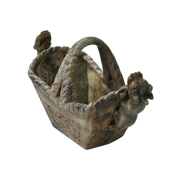1970s Chinese Stone Carved Basket With Mythical Beasts, Archaic Motifs , Braided Handle For Sale - Image 5 of 12
