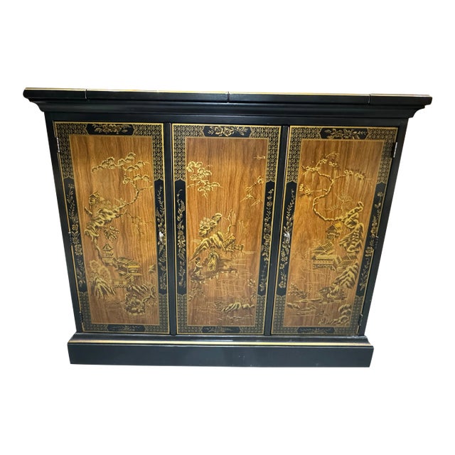 Drexel Et Cetera Collection Black Lacquer Chinoiserie Flip-Top Buffet Server, 1970s For Sale
