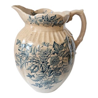 Late 19th Century Water Pitcher With Blue Floral Decoration For Sale