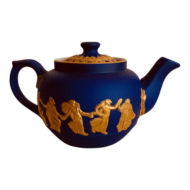 Exquisite c.1900 Dudson Bros "Dipped" Jasperware Teapot - Royal Cobalt With Hand-Applied Gold For Sale
