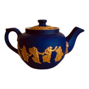 Exquisite c.1900 Dudson Bros "Dipped" Jasperware Teapot - Royal Cobalt With Hand-Applied Gold
