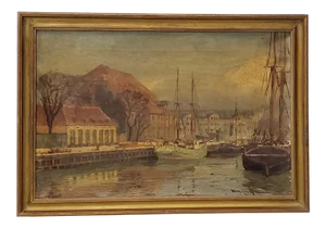 Late 19th to Early 20th Century European Port Scene Oil Painting