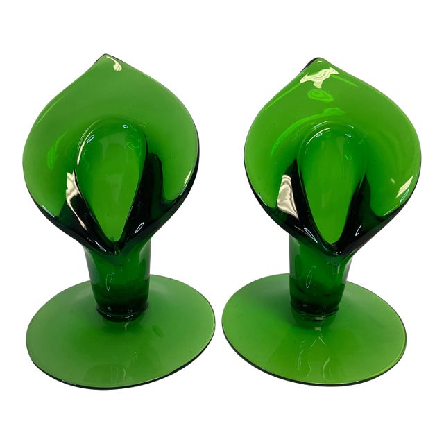 1950s Americana Folk Art Hand Blown Jack in the Pulpit Green Glass Candle Holders - A Pair. For Sale