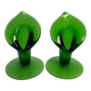 1950s Americana Folk Art Hand Blown Jack in the Pulpit Green Glass Candle Holders - A Pair.