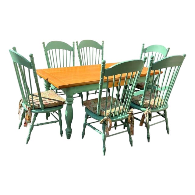 Farmhouse Two-Tone Dining Table With 6 Mint Green Windsor Chairs For Sale