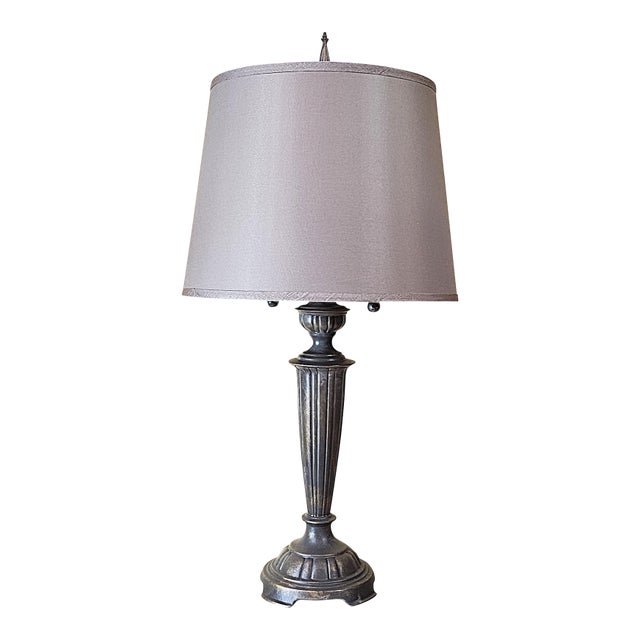 Vintage Neoclassical Metal Column Table Lamp With Double Pull Chains For Sale