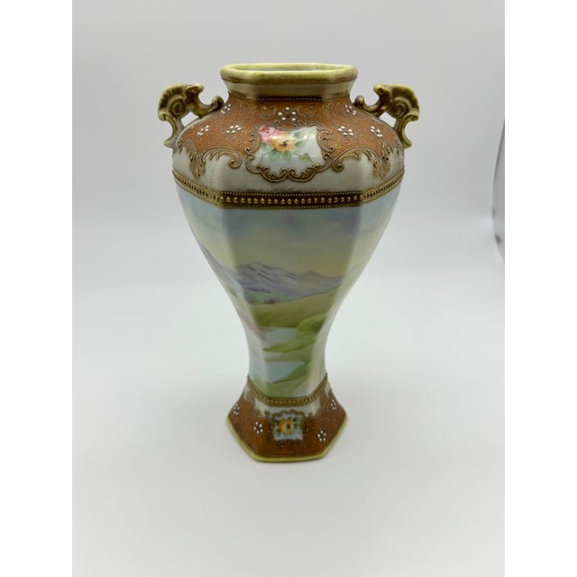 Ceramic Nippon Antique Hand Painted Landscape Moriage Two Handled Porcelain Vase For Sale - Image 7 of 17