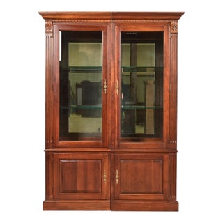 Ethan Allen French Regency Louis XVI Solid Carved Cherry Wood Lighted Bookcase Cabinet For Sale