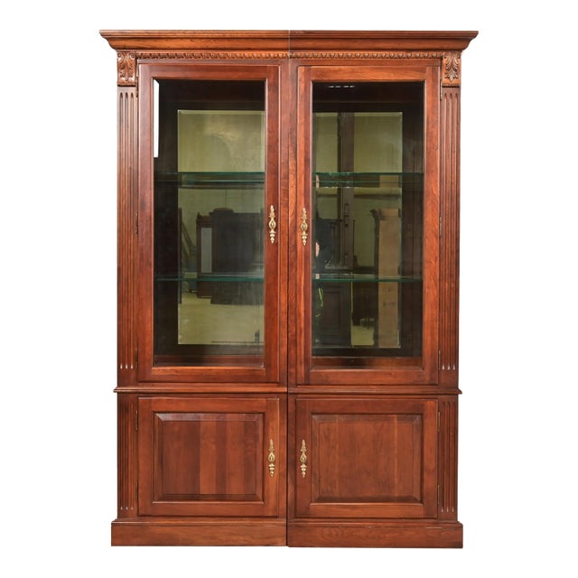 Ethan Allen French Regency Louis XVI Solid Carved Cherry Wood Lighted Bookcase Cabinet For Sale