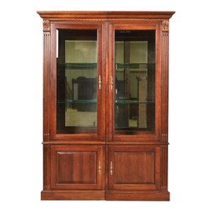 Ethan Allen French Regency Louis XVI Solid Carved Cherry Wood Lighted Bookcase Cabinet
