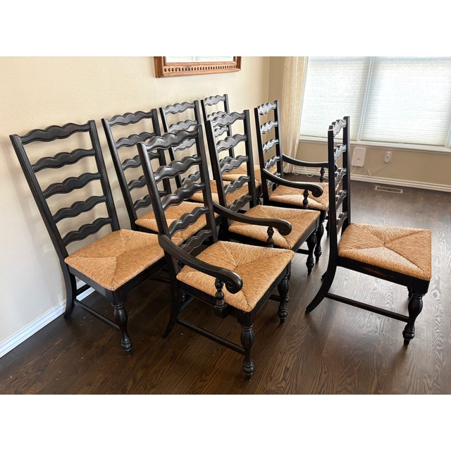 French French Country Black Ladder-Back Dining Chairs With Woven Seats (Set of 8) For Sale - Image 3 of 9
