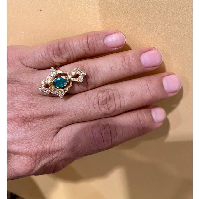 Natural Emerald, Oval Stone and Diamond Ring 14 Karat Yellow Gold For Sale - Image 4 of 18