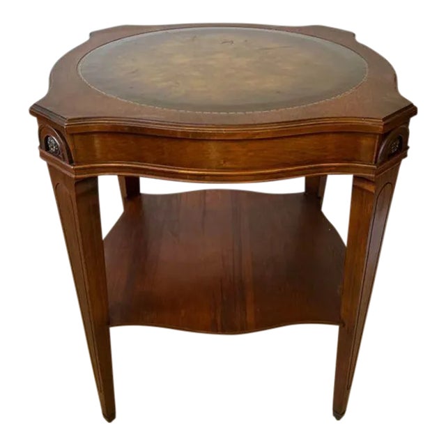 Vintage Sheraton Style Mahogany Green Leather Inset Square End Side Table. For Sale