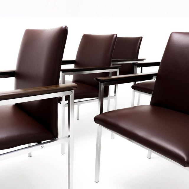 Sigvard Bernadotte H-Line Danish Armchairs in Brushed Steel, Walnut and Leather for France & Son attributed to Sigvard Bernadotte, 1960s, Set of 6 For Sale - Image 4 of 16