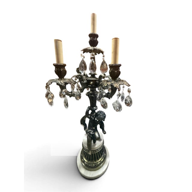 Vintage Hollywood Regency Cherub Marble & Crystal 5-Light Candelabra Lamps - Pair For Sale In Buffalo - Image 6 of 7