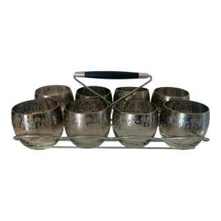1950s Dorothy Thorpe Roly Poly Silver Fade Embossed Deco Glasses and Carrier- 9 Pieces For Sale