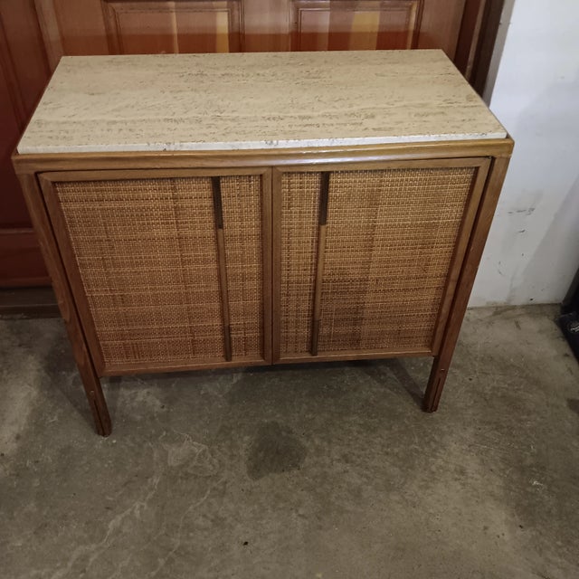 Mid-Century Modern Vintage Mid Century Modern Sideboard With Cane Front and a Cream Travertine/Limestone Matte Finish Top For Sale - Image 3 of 18