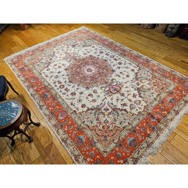 Vintage Persian Tabriz Rug, Hand-Knotted Wool & Silk, Floral Pattern, Ivory & Pink, 8x12 For Sale - Image 10 of 18