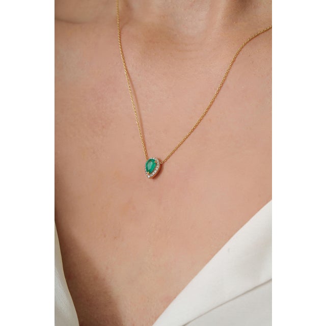 Not Yet Made - Made To Order Pear-Shaped Natural Emerald & Diamond Halo Pendant Necklace in 18k Yellow Gold For Sale - Image 5 of 16