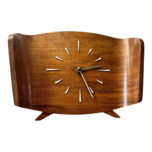 Sale 1950s Vintage Mid-Century Danish Modern Smith United Kingdom Teak Bentwood Footed Desk Mantle Clock