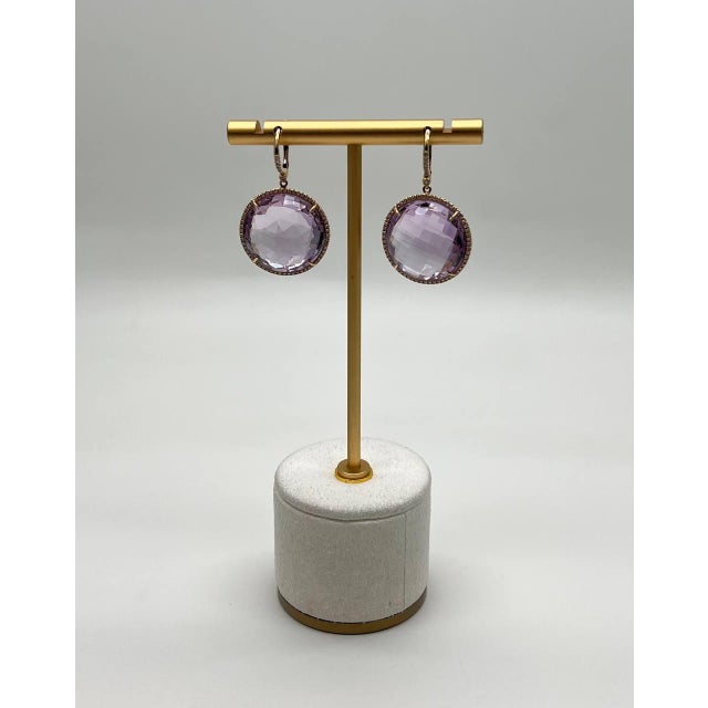 Pink Violet Pink Amethyst Diamonds Halo Set 14k Yellow Gold Drop Unique Earrings, A Pair For Sale - Image 8 of 13