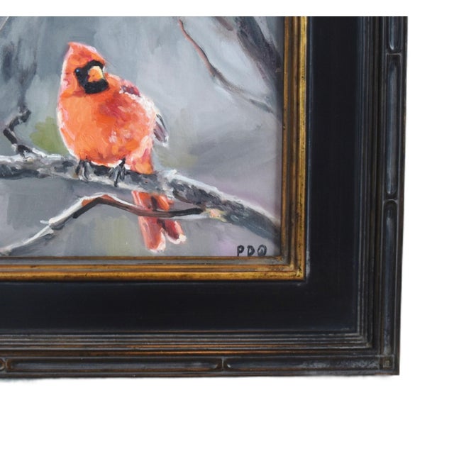 Red Cardinal Bird Impressionist Oil Painting Displayed in an Antiqued ...