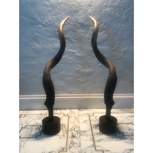 Black Vintage African Kudu Horn Sculpture on Steel Stand - a Pair For Sale - Image 8 of 8